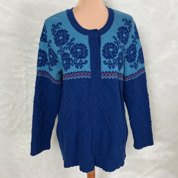 Gudrun Sjoden Blue Floral Textured Wool Cotton Blend Cardigan Sweater L - Picture 1 of 7